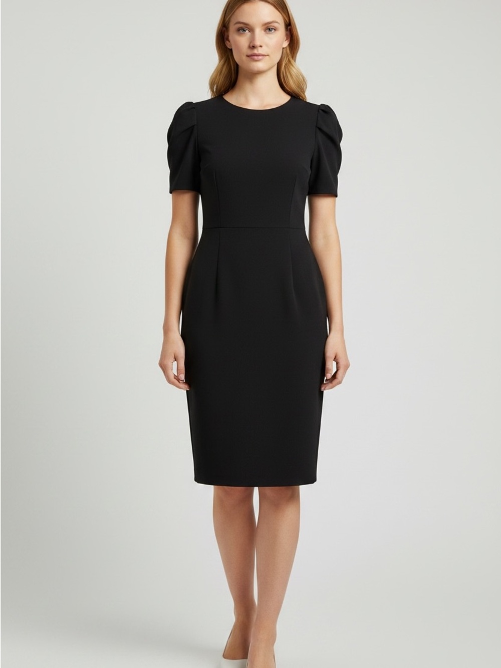 Calvin Klein Black Puff-Sleeve Midi Sheath Dress
